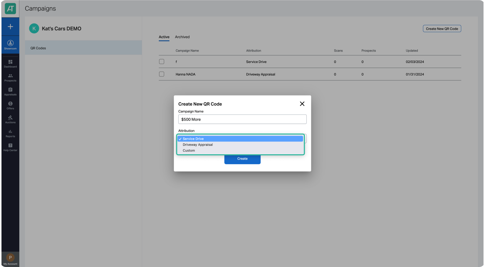 Accutrade management create new QR code modal dialog attribution drop down.