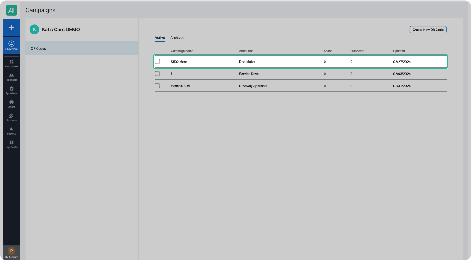 Accutrade management screen showing campaigns screen, a campaign row is highlighted.