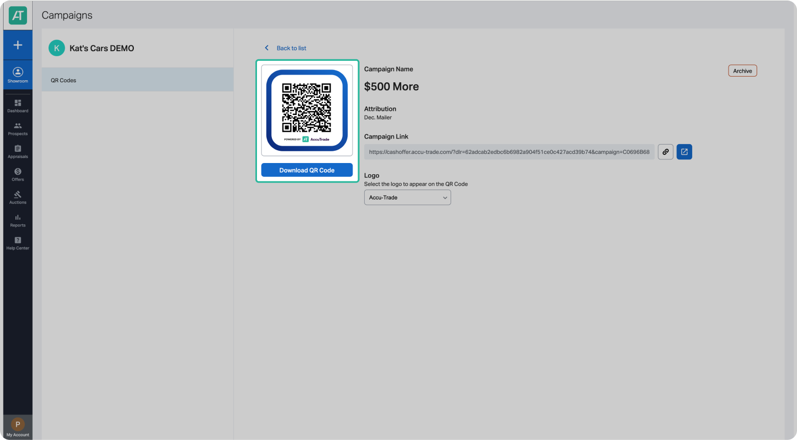 Accutrade management screen showing campaign screen with QR code and other campaign details. QR code graphic and download QR code highlighted.