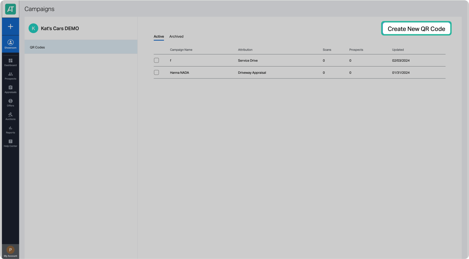 Accutrade management screen showing campaigns screen, create new QR code button highlighted.