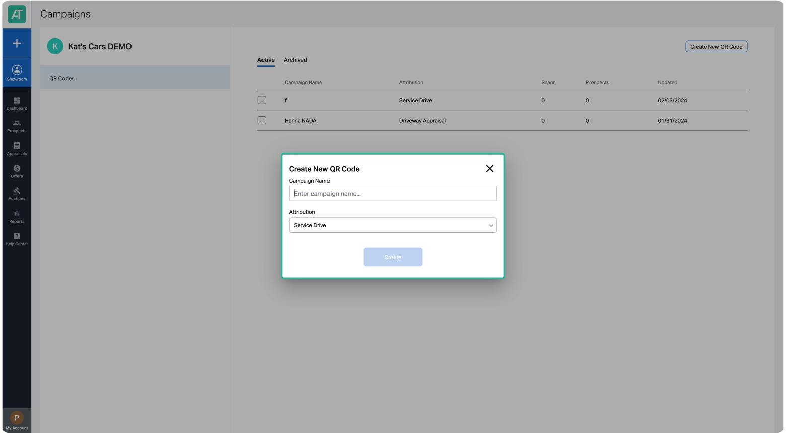Accutrade management screen showing campaigns screen, create new QR code modal dialog highlighted.