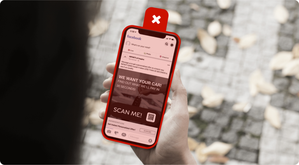 Mobile phone showing facebook ad containing QR code, with graphic overlay x.